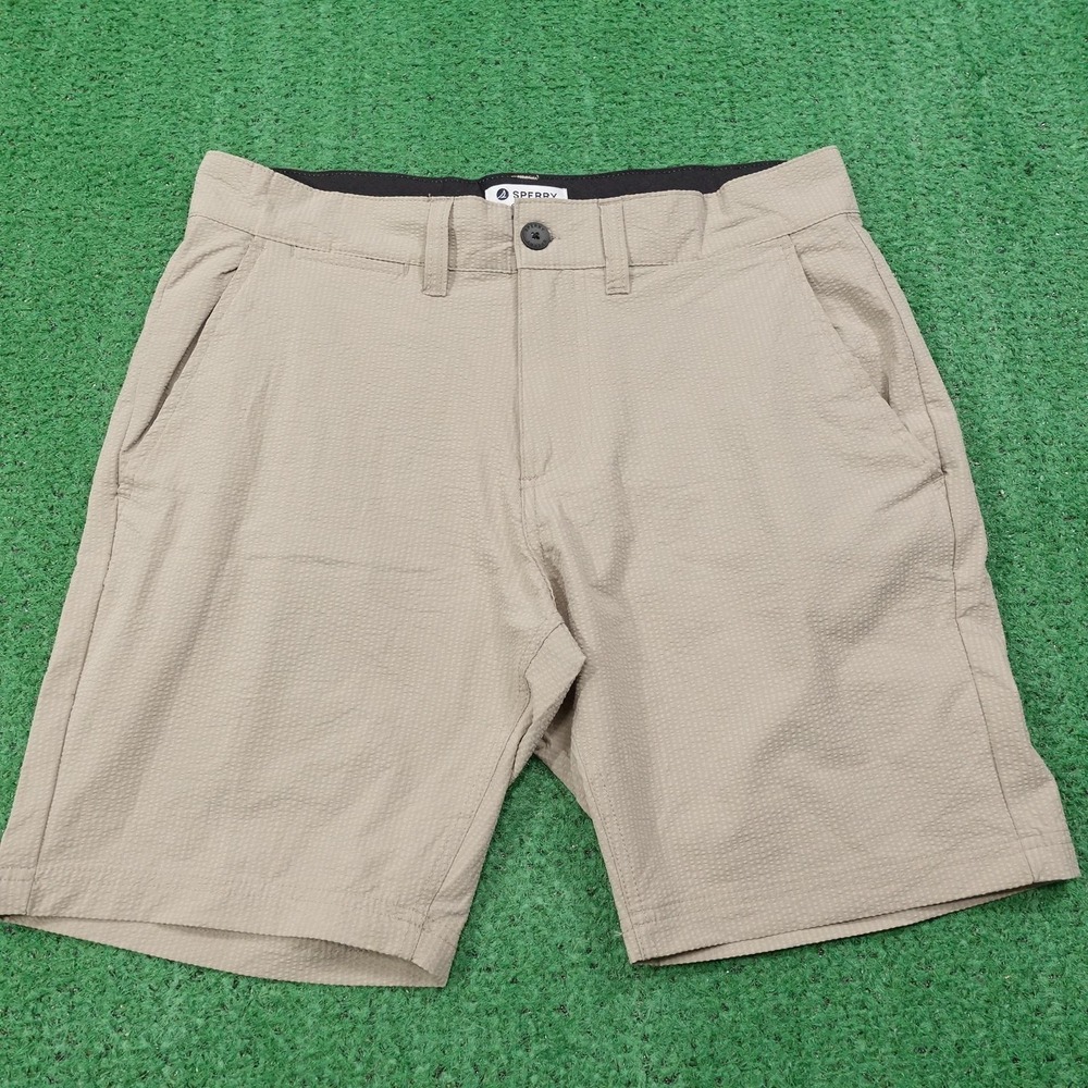 Sperry Chino Shorts Mens 30 Beige Seersucker Polyester Casual 8 Inseam